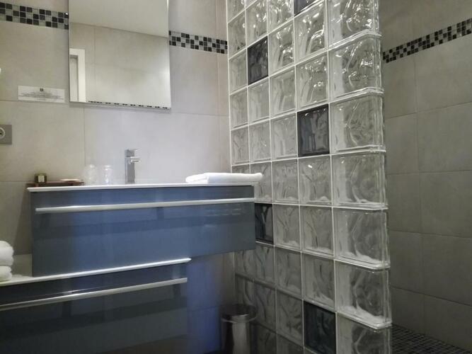 Salle de bain moderne avec douche à l'italienne et sèche cheveux
